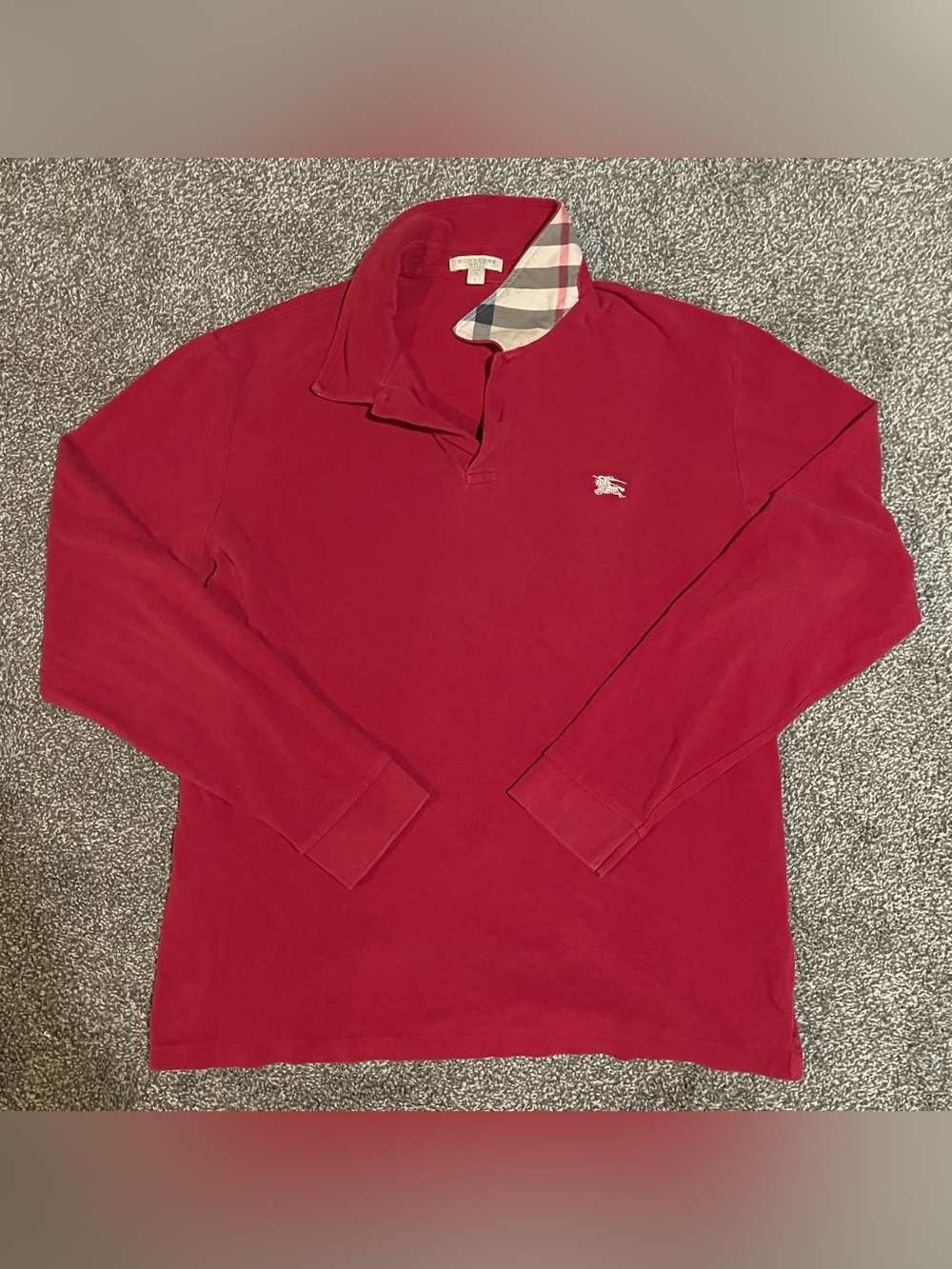 Burberry Red Long Sleeve Polo with Signature Check Collar